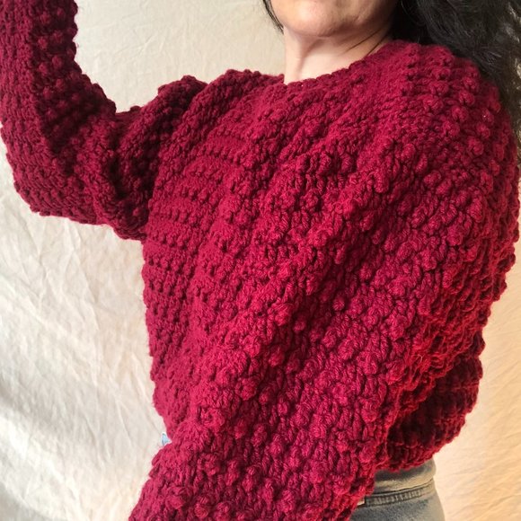 Vtg Hand Knit Bobble Pompom Popcorn Wool Sweater - Picture 3 of 16